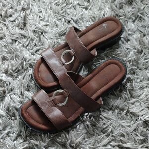 Brown Faux Leather Slide Sandals